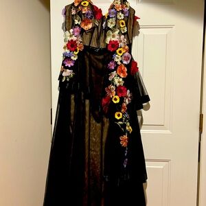 Black Mesh Maxi Dress with Multicolor Floral Appliqués